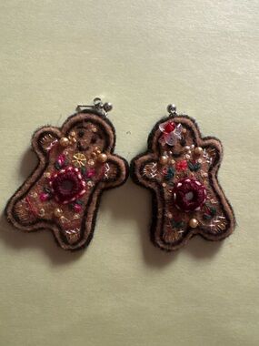 Handcrafted Brown Gingerbread Cookie Felt Earrings with Red Accents